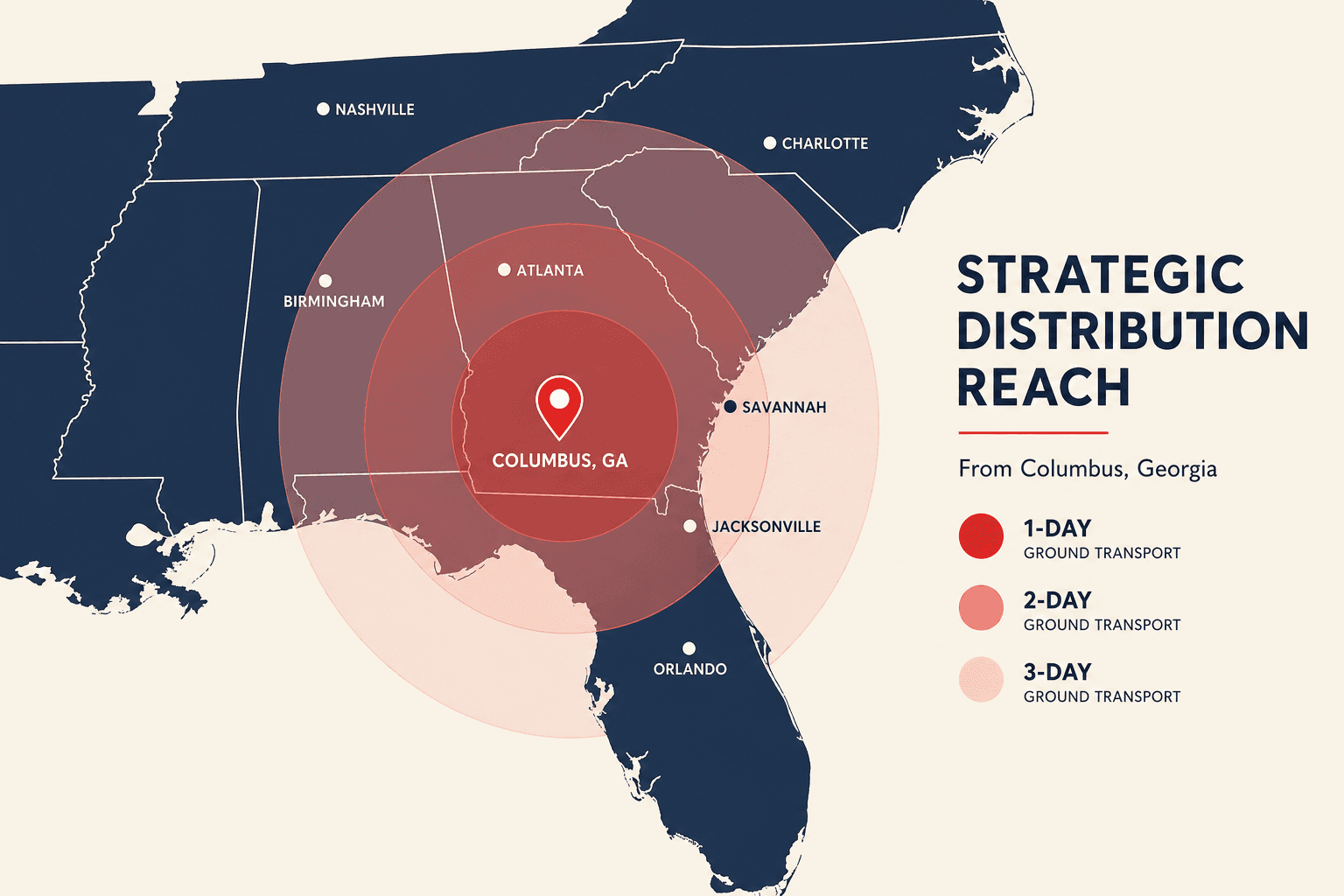 Distribution reach map from Columbus, Georgia, showing 1-day, 2-day, and 3-day ground-transport zones reaching Atlanta, Charlotte, Nashville, Savannah, Jacksonville, and Orlando
